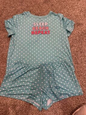 Polka Dot Short Sleeve Pajama Set - Teal "Sleep Beach Repeat"